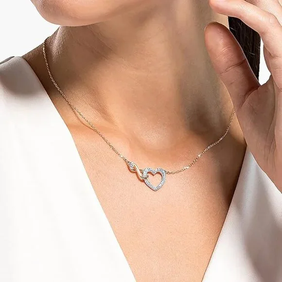 Rose Gold & Rhodium Tone Finish Infinity Heart Clear Crystals Necklaces
